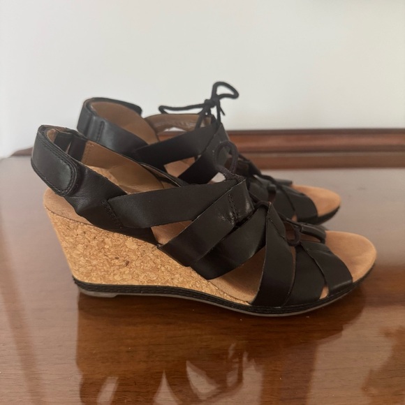 Clarks Helio Mindin Women Shoes Black 8M Leather Strappy Lace Up Wedge Sandals - Picture 1 of 6